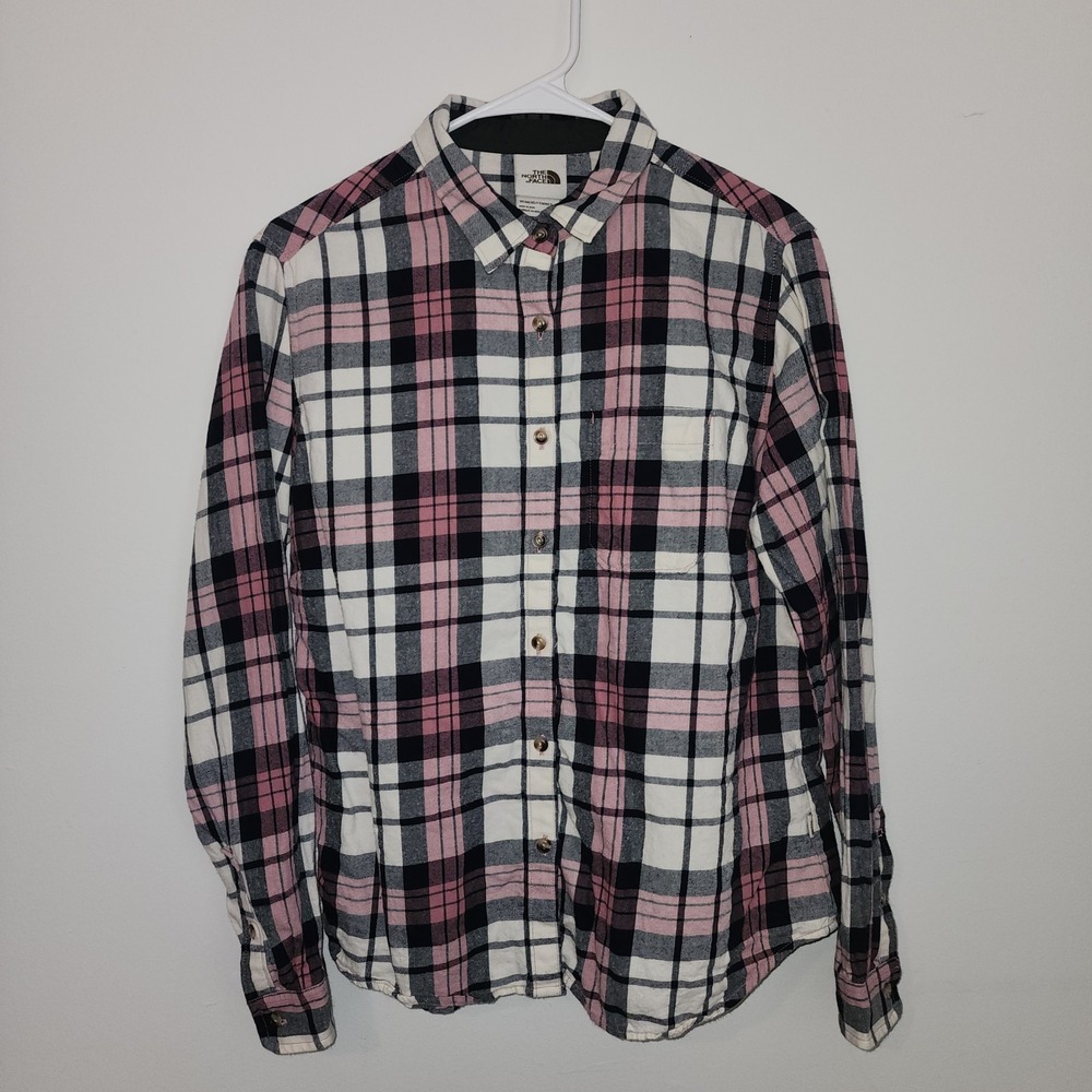 The North Face Plaid Button Down Womens Large Pink Black Long Sleeve Flannel